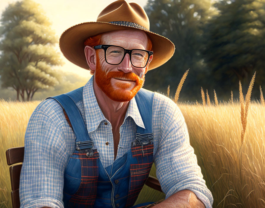 Bearded man in glasses, smiling in sunny field