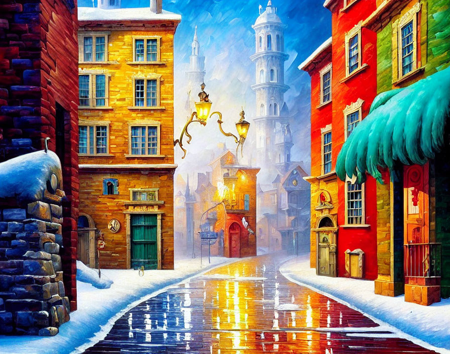 Snow-covered street with colorful buildings and glowing lamps at twilight