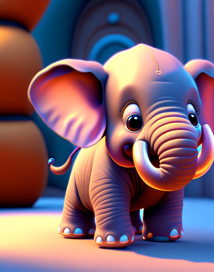 Stylized cartoon elephant with big eyes and cheerful smile in soft-lit room