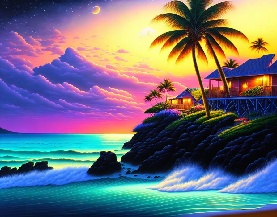 Tropical beach sunset with palm trees, stilt house, starry sky, and ocean waves