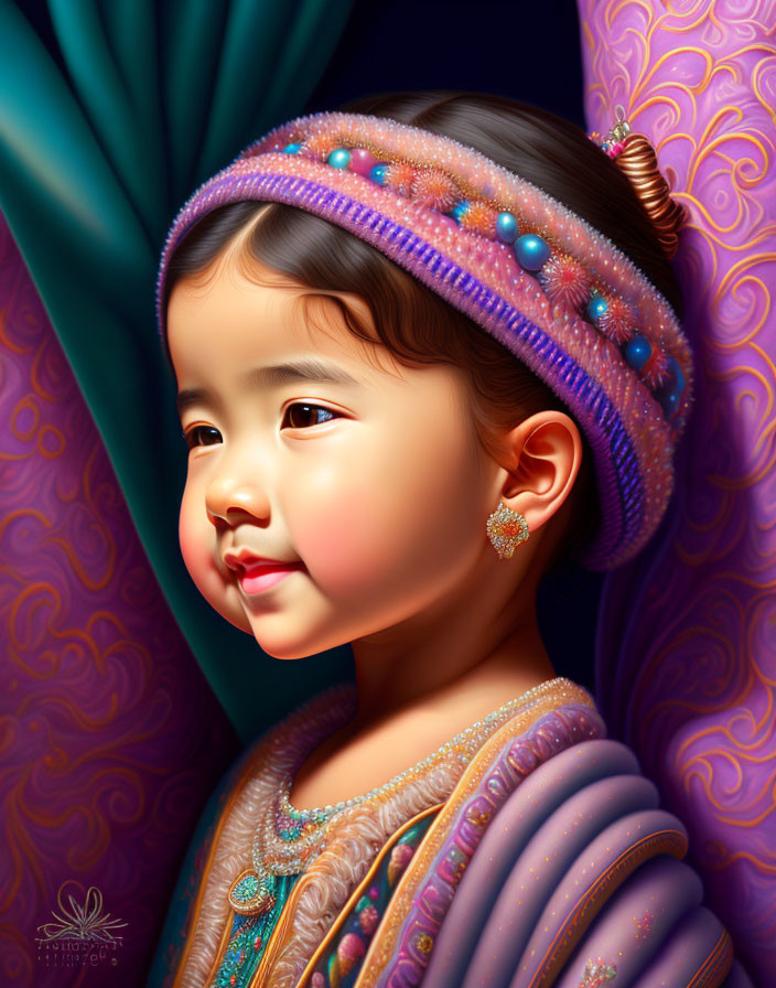 Young girl in traditional attire with bejeweled headband on patterned background