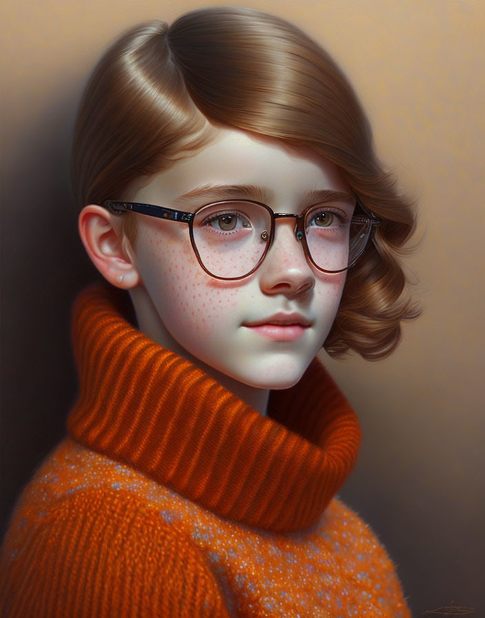 Portrait of a young girl with red hair, freckles, glasses, and orange sweater