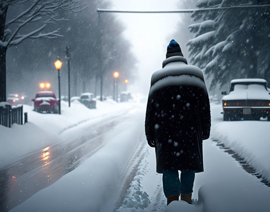 Snowy street scene with person walking, snow-covered shoulders, streetlights, and cars in heavy snow