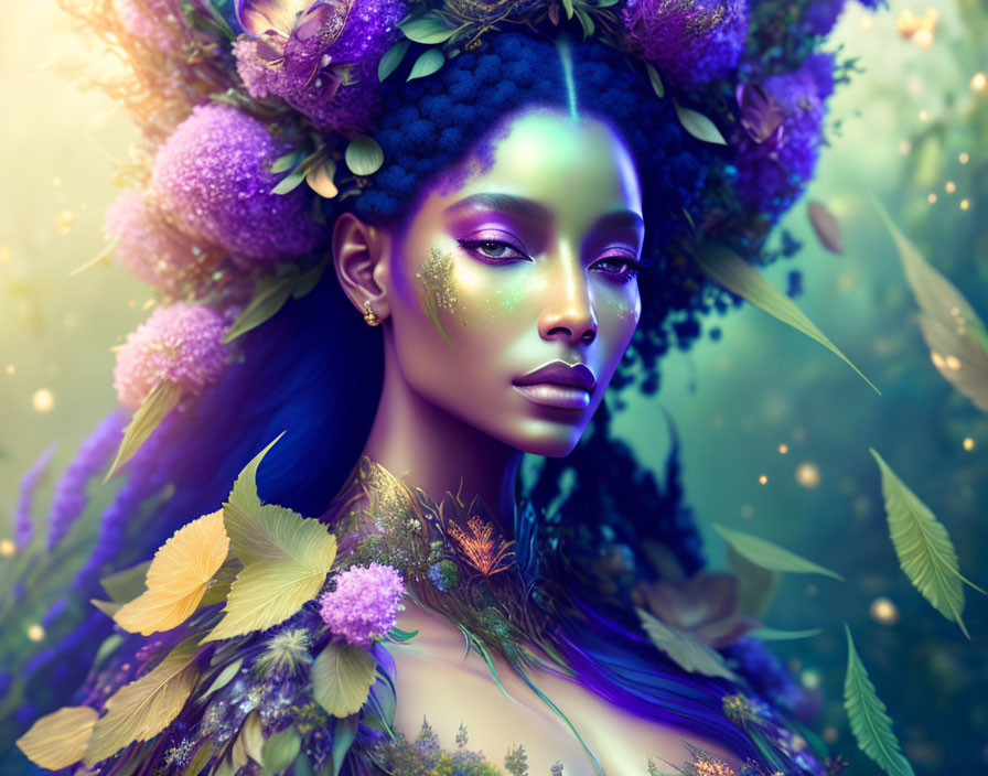 Fantasy portrait of woman with blue skin and floral adornments in magical setting