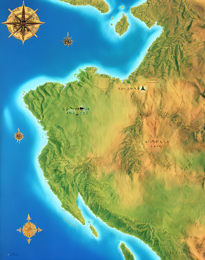 Illustrated map of fictional land with mountains, forests, and coastal areas in fantasy script.