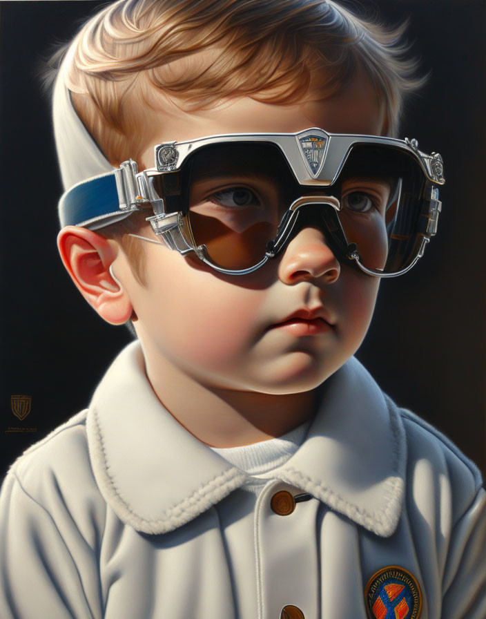 Young Child in Pilot Goggles and Cream Outfit Portrait