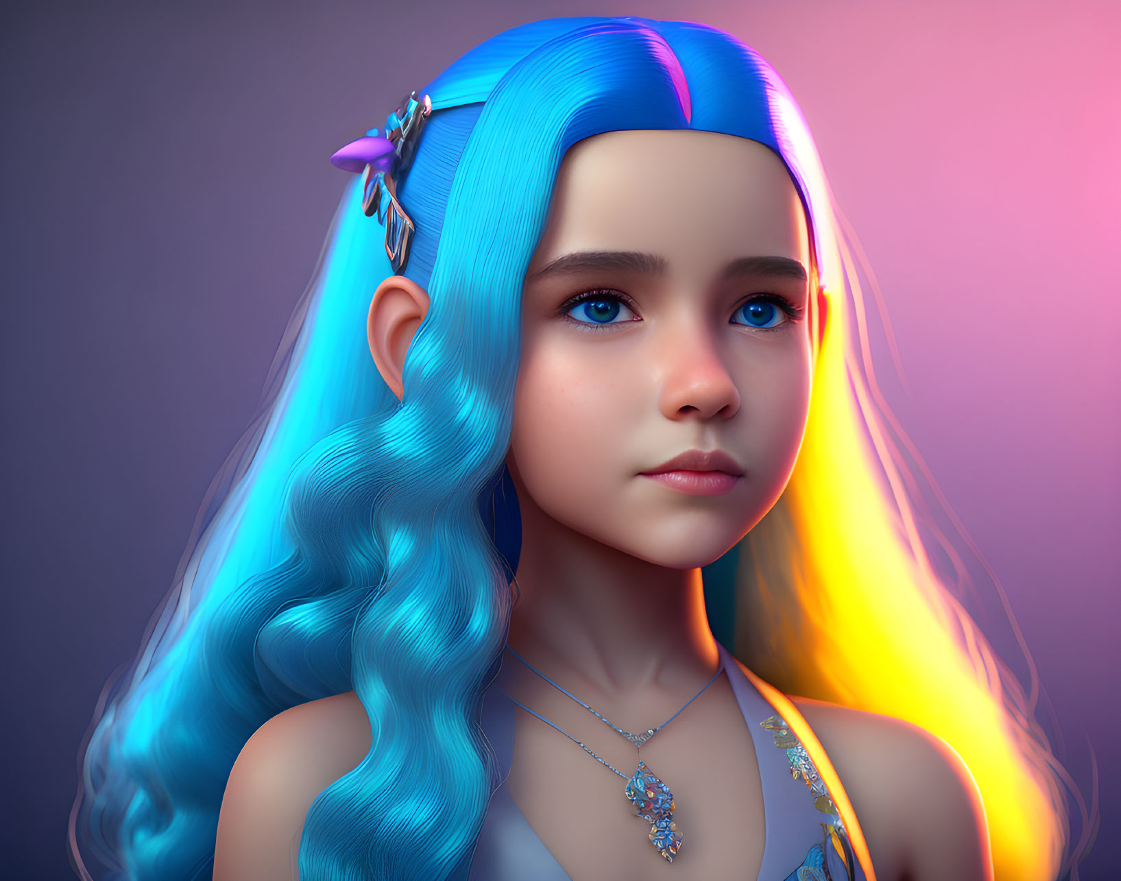 Vibrant blue-haired girl with clip and necklace under colorful lighting