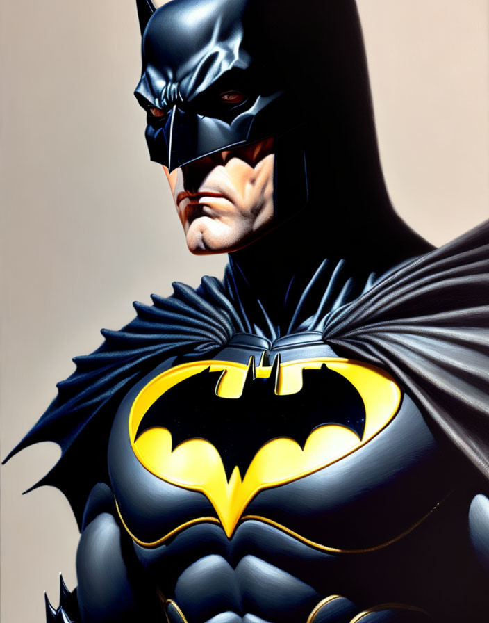 Batman illustration: Grey suit, black cowl, bat symbol, flowing cape, intense gaze