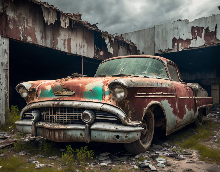 Abandoned rusty car in dilapidated garage with faded red paint.