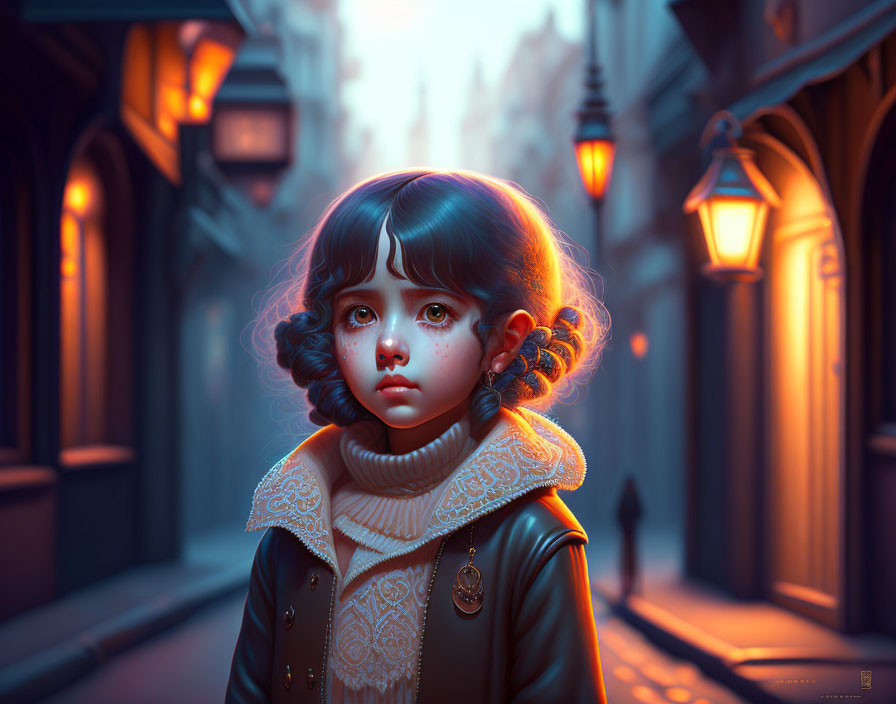 Curly-Haired Girl in Vintage Coat in Lantern-Lit Alley