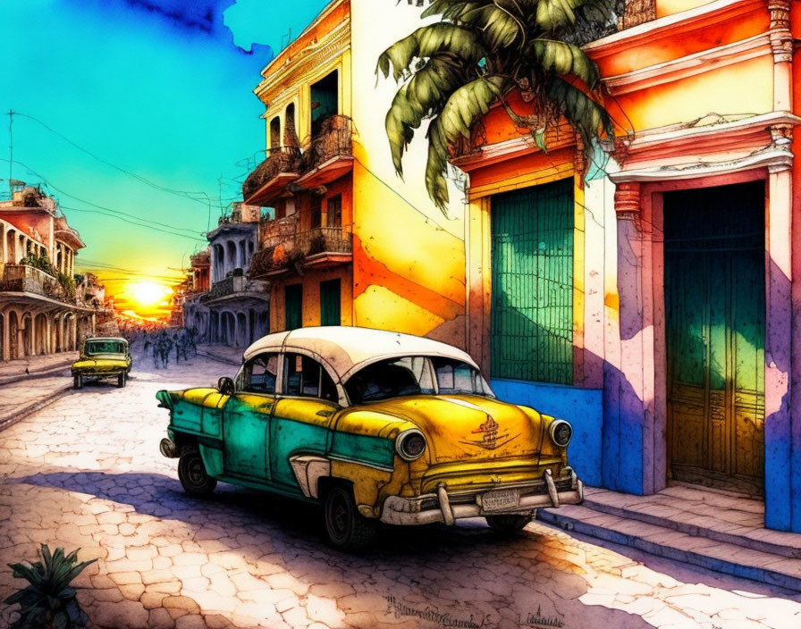 Vibrant vintage car art on colorful sunset street