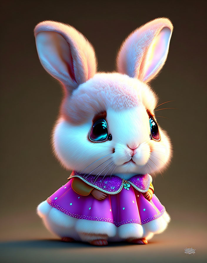 Cartoon bunny in purple dress with expressive eyes