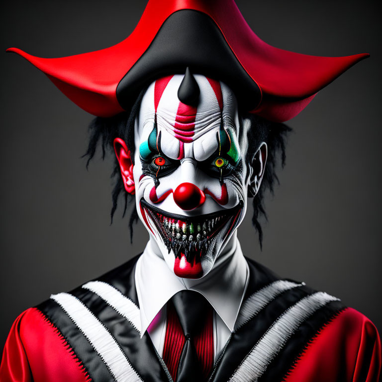 Sinister clown with wide grin and tricorn hat on gray background