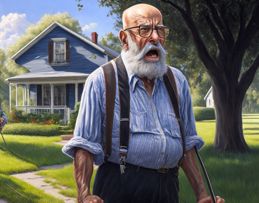 Elderly man with beard, cane, and suspenders in front of house