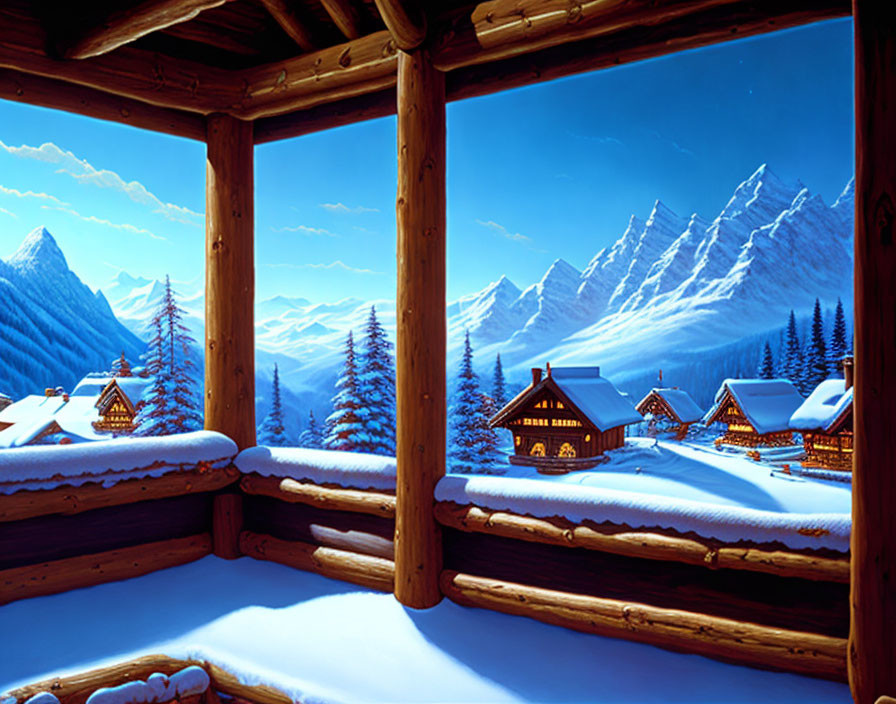 Snow-covered cabins in serene winter scene with pine trees and snow-capped mountains at dusk