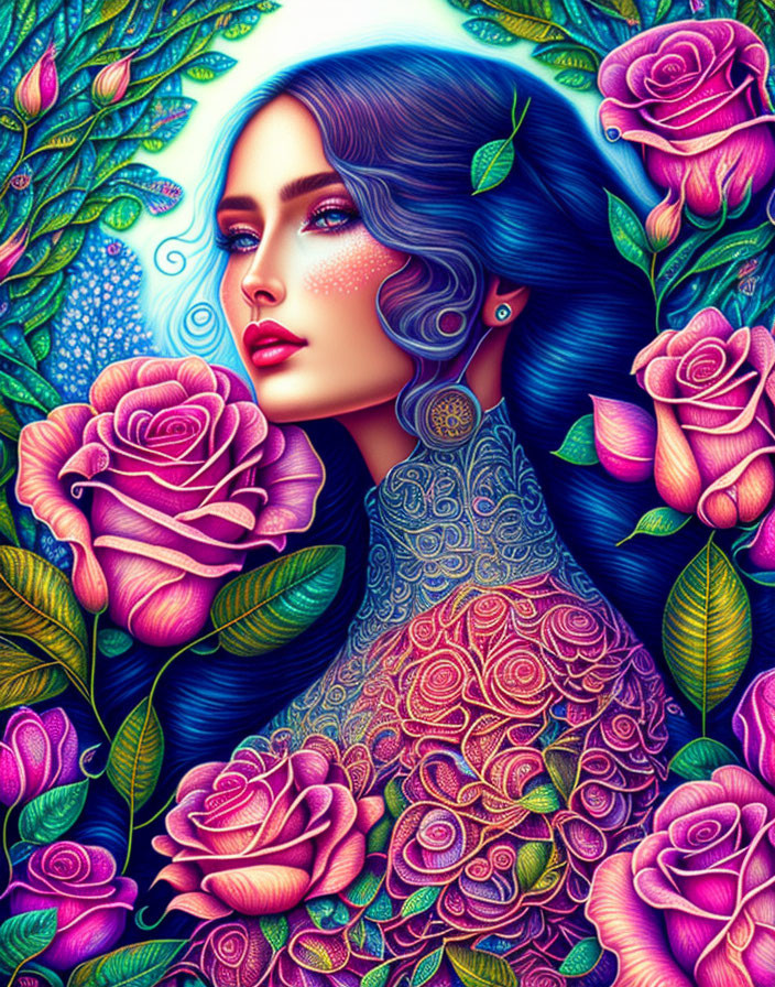 Woman with Blue Hair Among Vibrant Roses and Intricate Patterns