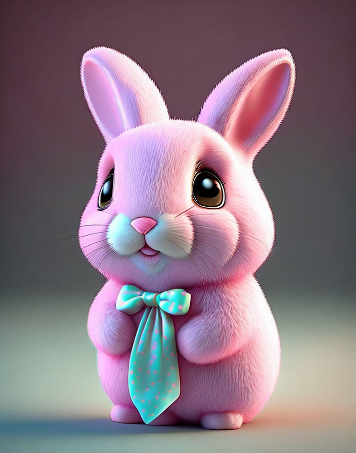 Stylized pink bunny illustration with big eyes and polka-dotted bow tie