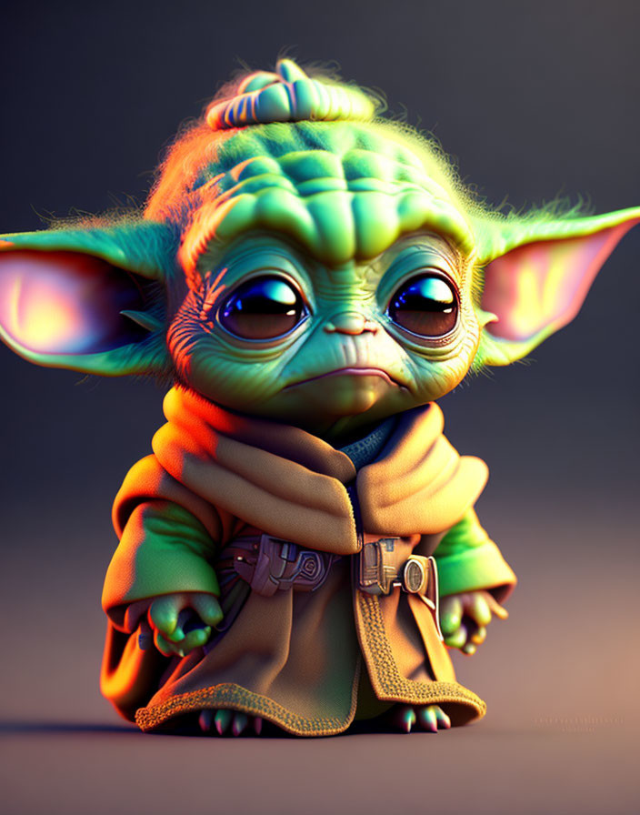 Stylized 3D illustration of Baby Yoda in brown robe