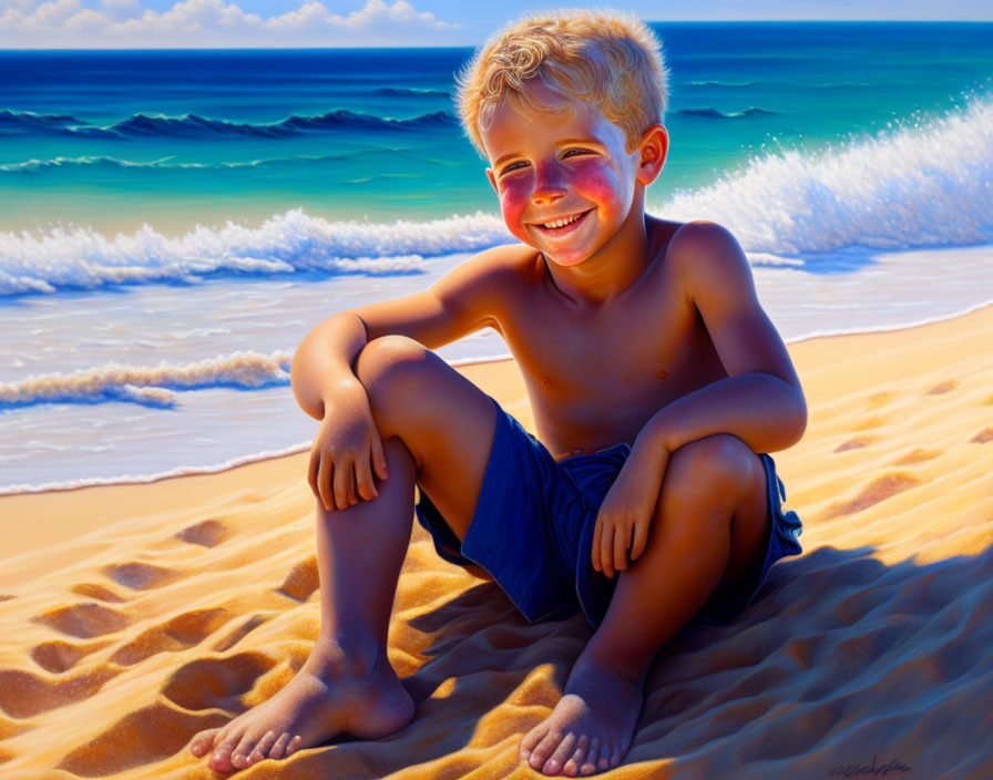 Smiling boy on sunlit sandy beach with rolling waves