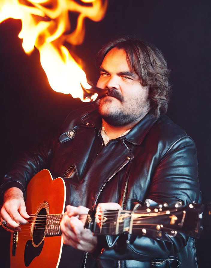 Bearded man playing acoustic guitar with fiery backdrop