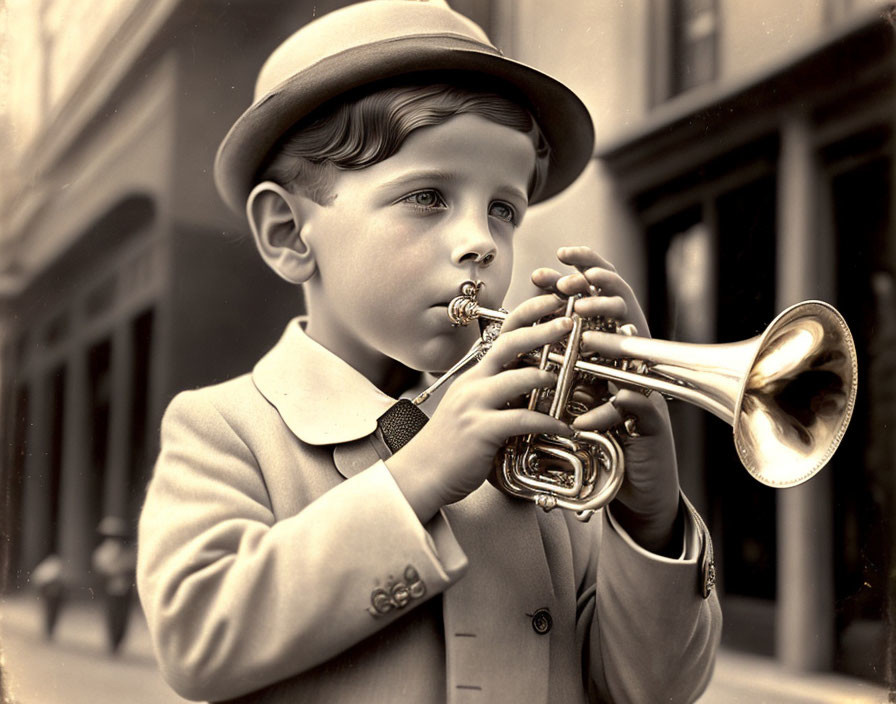 Vintage-attired boy plays trumpet on city street in sepia tones