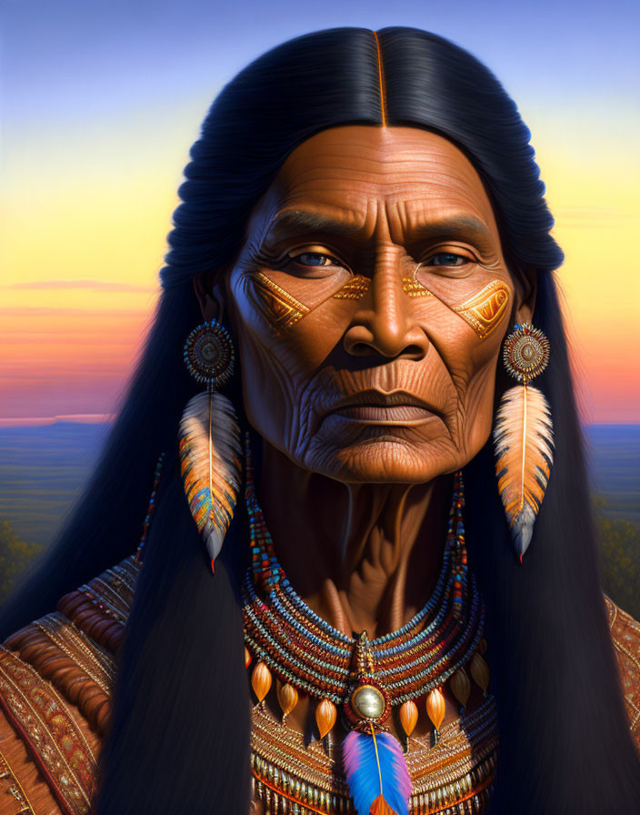 Native American elder in traditional attire at sunset