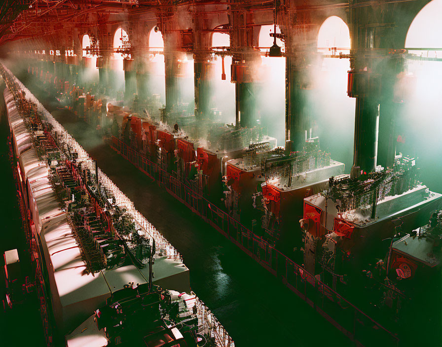 Vintage Industrial Hall with Large Machinery and Red-Tinted Lighting