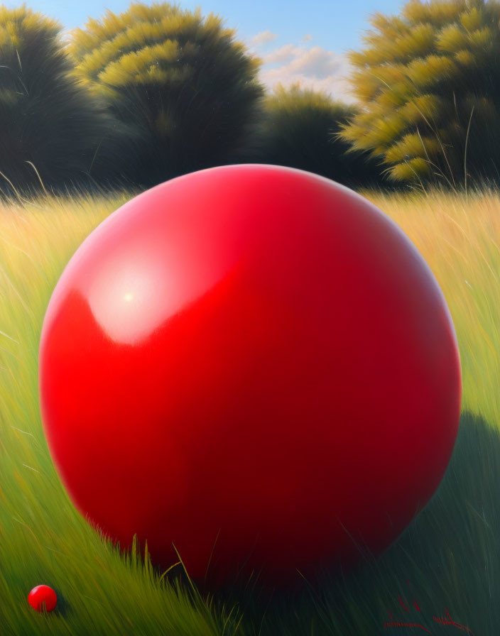 Shiny red spheres in sunlit field with tall grass