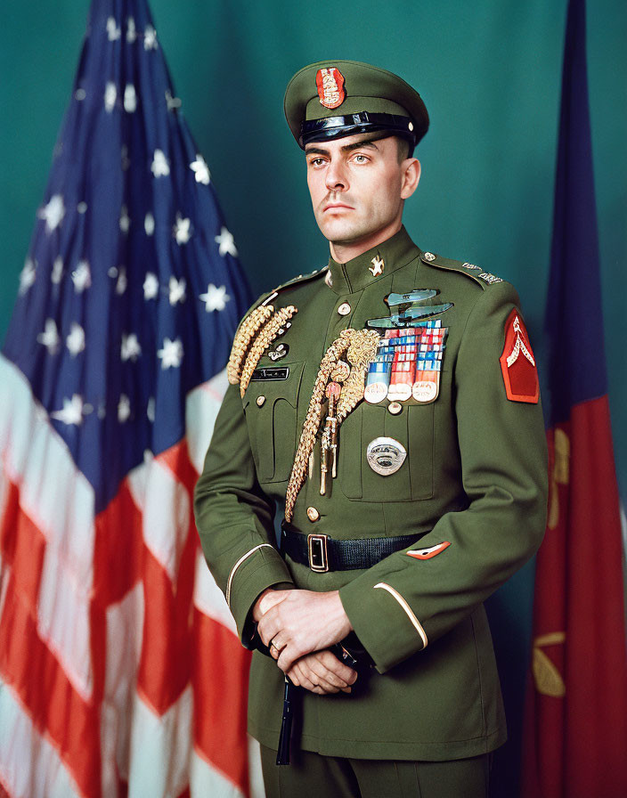 Military person in uniform with medals and US flag background