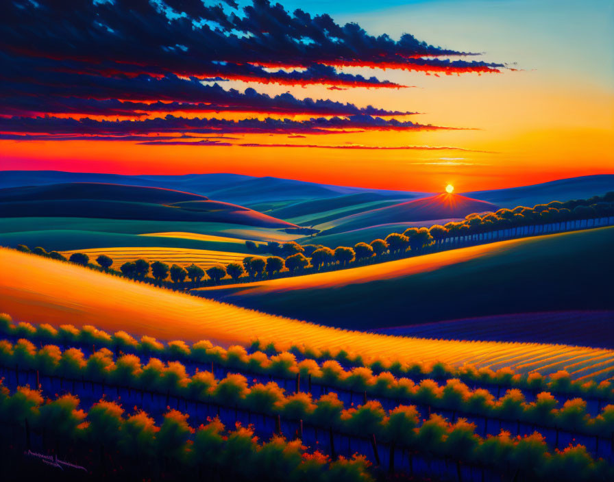 Colorful sunset over rolling hills and patterned fields in blue to orange gradient.