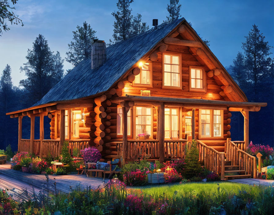 Rustic log cabin in twilight with lit windows and lush surroundings