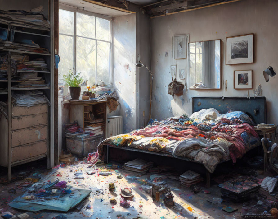 Messy sunlit room with books, papers, plant, and unmade bed