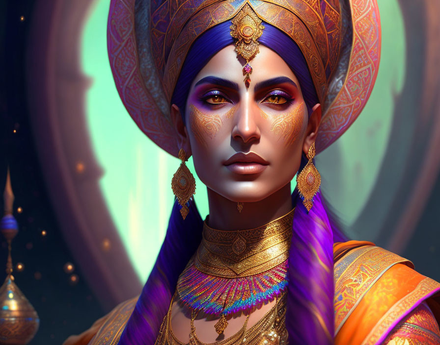 Woman in Traditional Indian Attire with Purple Hair & Gold Jewelry