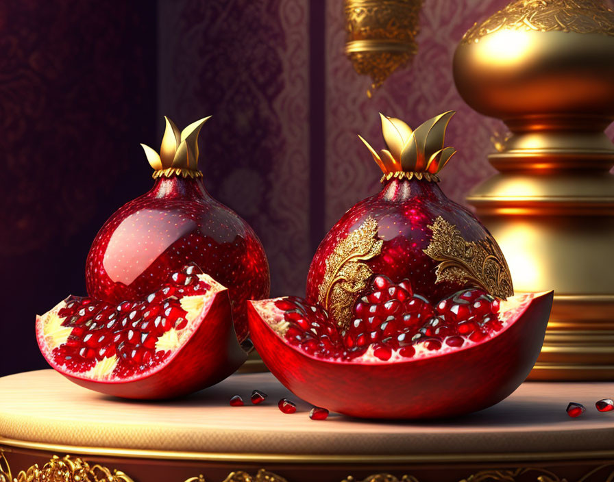 Ornate crown-topped pomegranates with seeds against regal backdrop