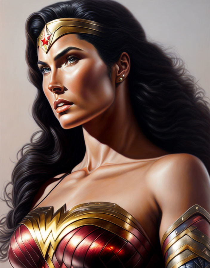 Dark-haired woman in golden tiara and red-gold armor - superheroine illustration