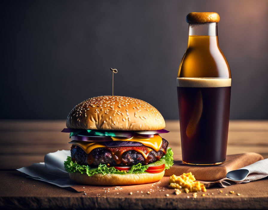 Cheeseburger with lettuce, tomato, onions, dark beer, mustard on wooden table