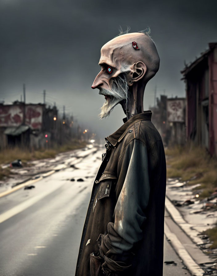 Surreal humanoid figure with elongated head and mechanical elements in dystopian scene