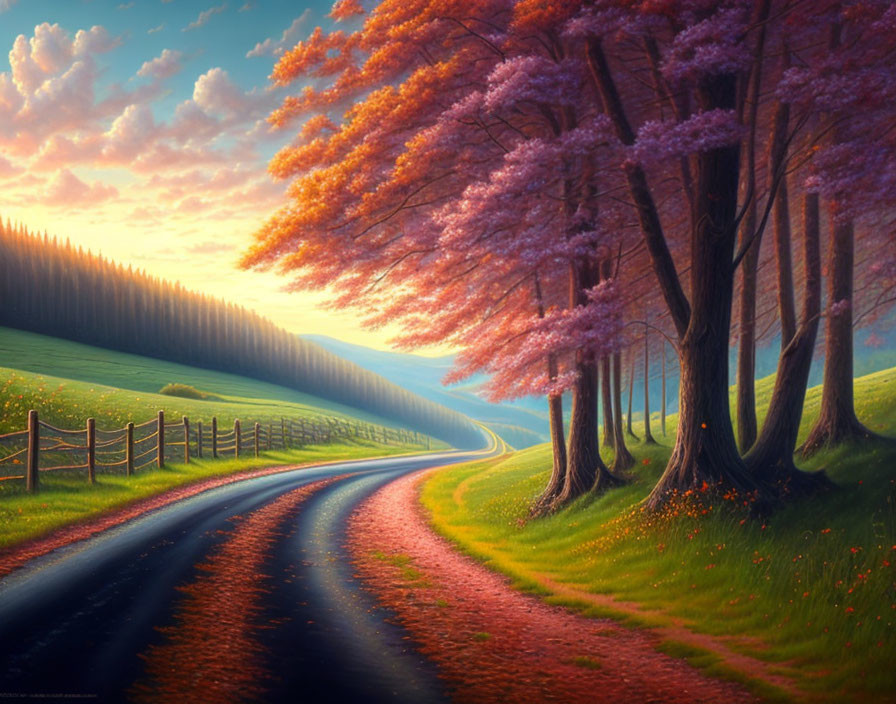 Scenic view of winding road with pink blossoming trees