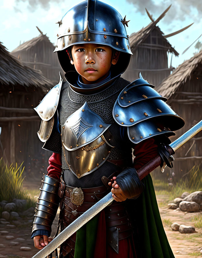 Child in medieval knight armor with sword, standing confidently