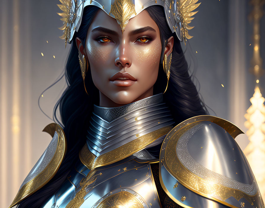 Detailed Female Warrior Digital Artwork with Golden Armor and Crown