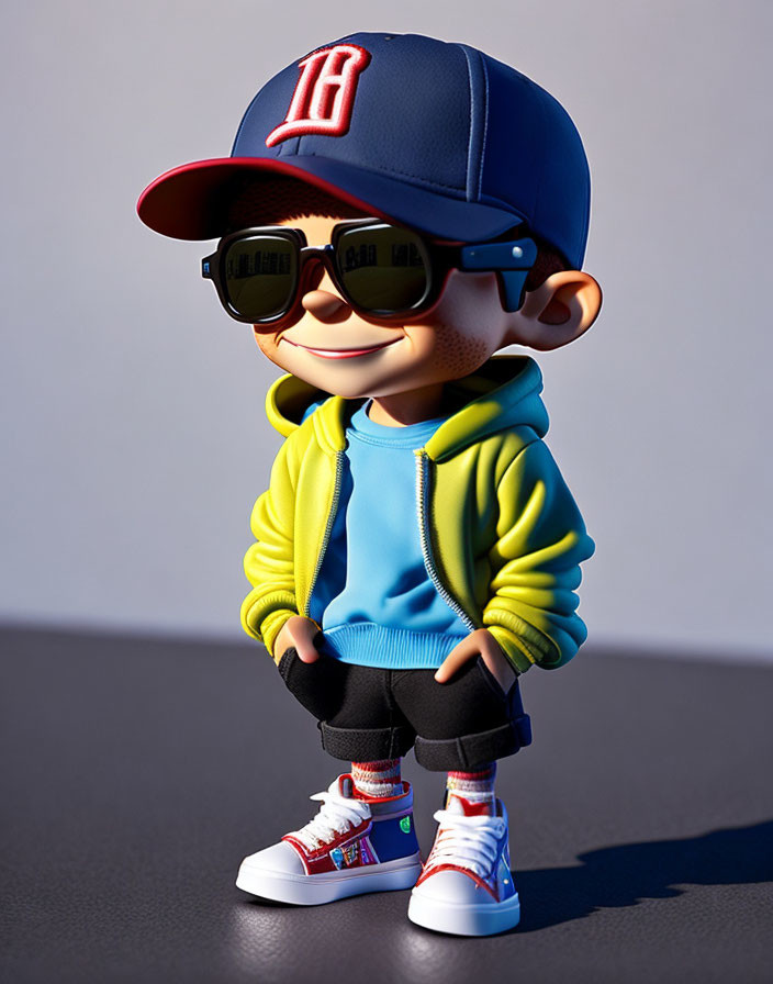 Stylized 3D character in blue cap, sunglasses, yellow hoodie, black pants, red