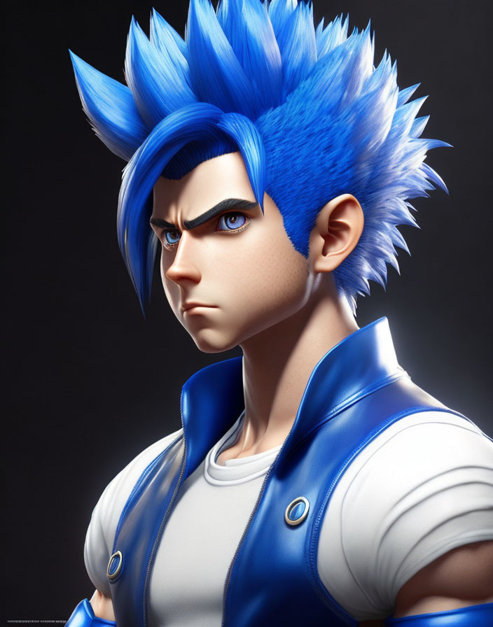 3D rendered image of a young man with blue spiky hair and white/blue jacket