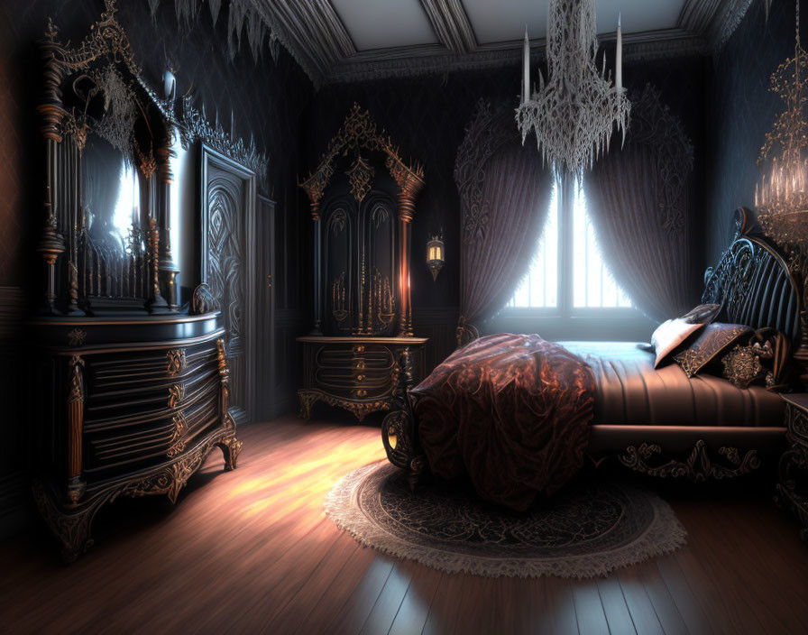 Luxurious Gothic Style Bedroom with Ornate Furniture & Moody Lighting