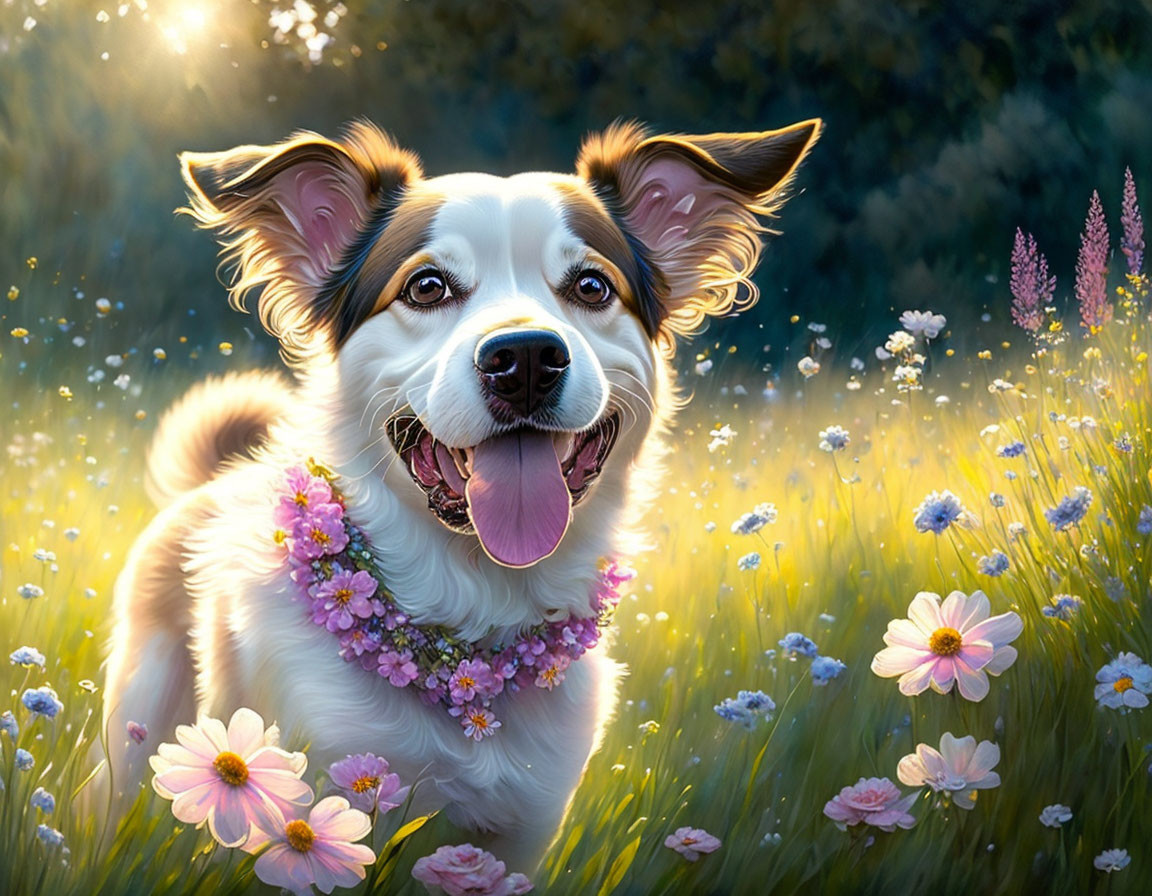 Happy dog with floral necklace in sunlit flower meadow