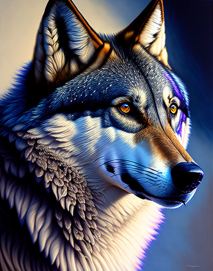 Multicolored wolf digital art with amber eyes