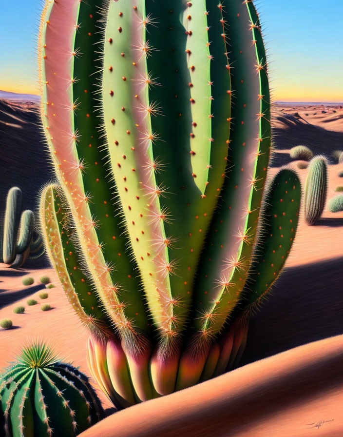 Detailed desert landscape with prominent cacti and dunes.