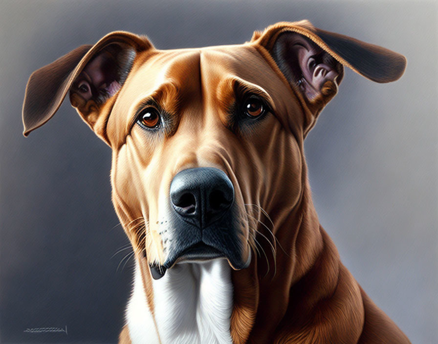 Realistic brown and white dog painting with perked-up ears and soulful eyes