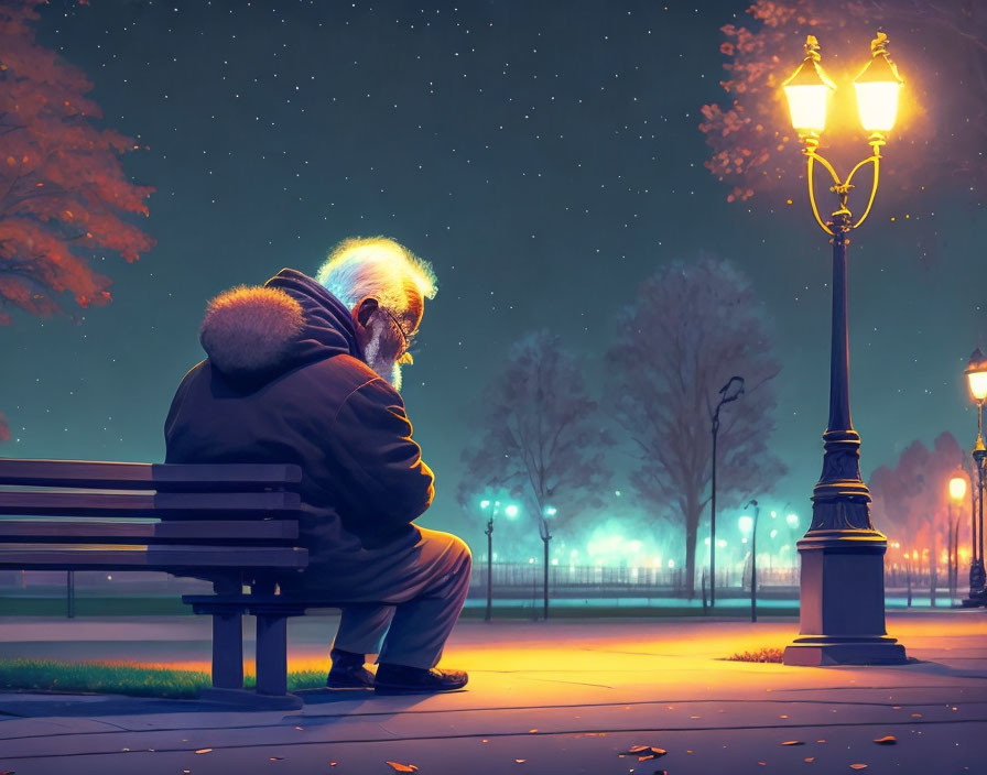 Lonely elderly person on park bench under glowing street lamp at night