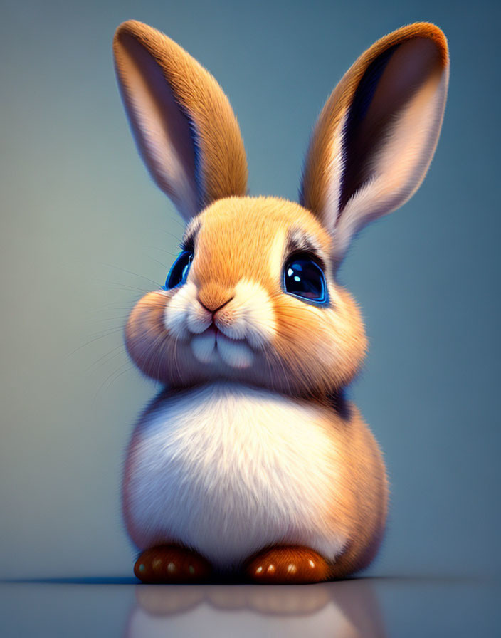 Fluffy bunny with blue eyes and long ears on soft blue background