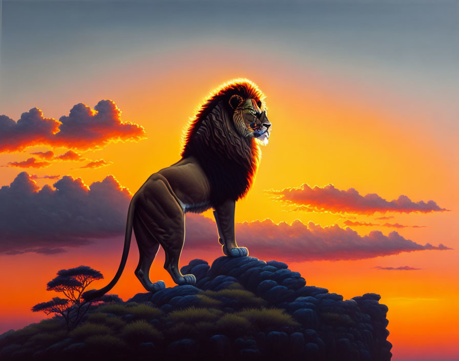 Majestic lion on rocky outcrop at sunset